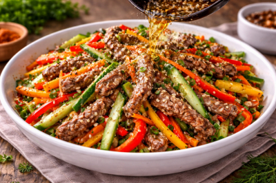 Заливаю шипящим маслом специи: азиатский салат с говядиной &mdash; очень вкусный и яркий