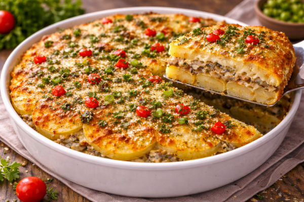 Баночка консервы и картошка: картофельный пирог с яичной заливкой &mdash; нежный, сытный и неожиданно вкусный