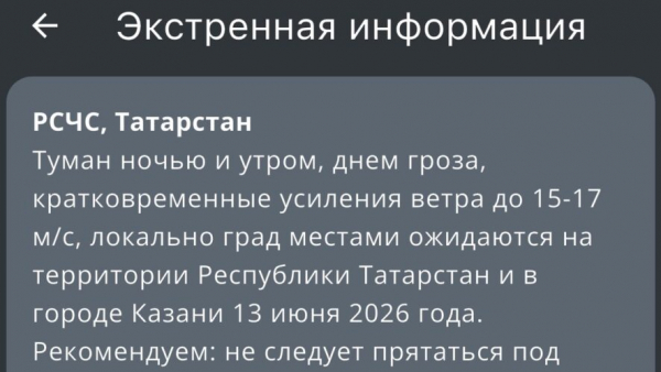 Штормовое предупреждение: туман, гроза и град ожидаются в Татарстане 12/06/2026 &ndash;