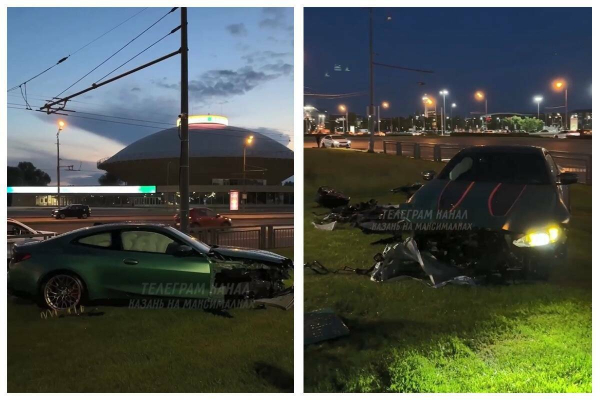 &laquo;Гонщик&raquo; на BMW врезался в столб и потерял колеса под Казанским Кремлем