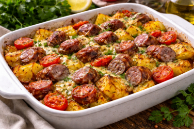 Намешали за 5 минут — и в духовку: картошечка получается просто огонь. Томим с колбасками до румяной корочки