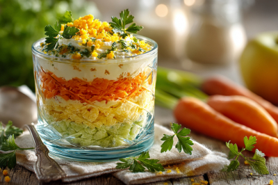 Салат «Париж» с яблоком и плавлеными сырками: слоёный, воздушный и очень вкусный — рецепт для всей семьи.